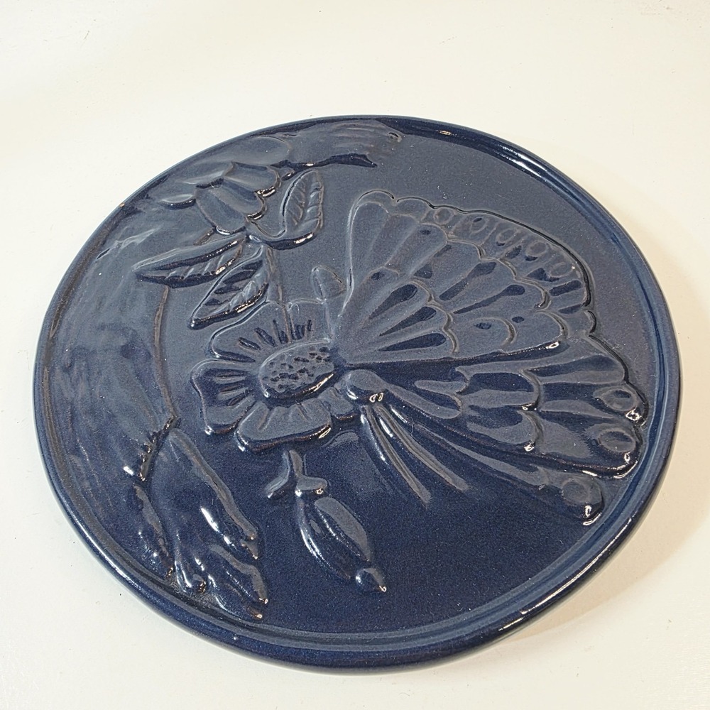 Vintage Frankoma Pottery Butterfly and Floral Trivet BLUE 6.25 inch Round
